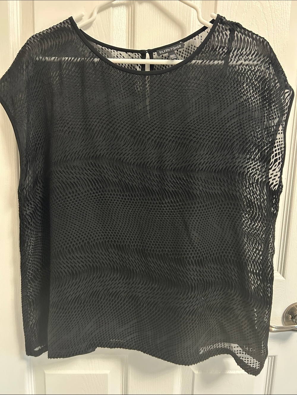 Eileen Fisher Black Sheer Mesh Short Sleeve Blouse